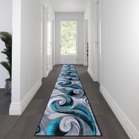Flash Furniture ACD-RG410-315-TQ-GG Tellus Collection 3' x 15' Olefin Turquoise Ocean Waves Pattern Area Rug with Jute Backing for Entryway, Living Room, Bedroom